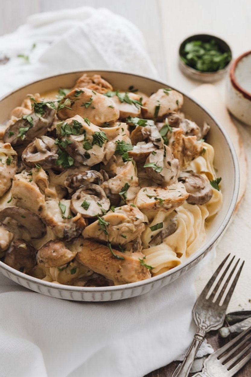 Hearty bowl of Chicken Mushroom Stroganoff with a velvety sauce, tender chicken, and sautéed mushrooms, perfect for a cozy dinner