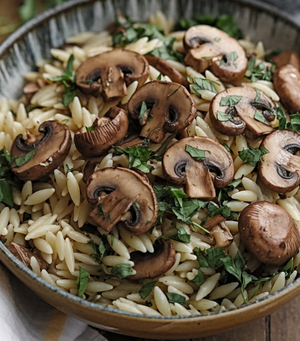 Hearty spinach mushroom orzo with a medley of sautéed mushrooms and fresh spinach in a savory broth.