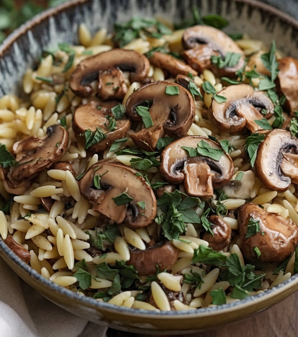 Rustic spinach mushroom orzo featuring vibrant spinach leaves and caramelized mushrooms drizzled with olive oil