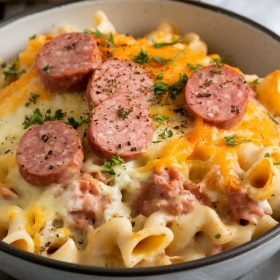raditional Crockpot Pierogi Casserole with Kielbasa served hot, with a rich tomato-based sauce and melty cheese.
