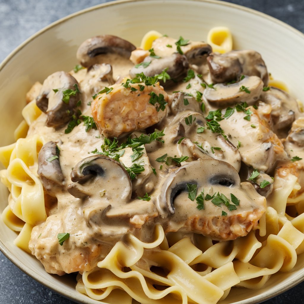 Flavorful Chicken Mushroom Stroganoff served over pasta, showcasing tender chicken and savory mushrooms in every bite