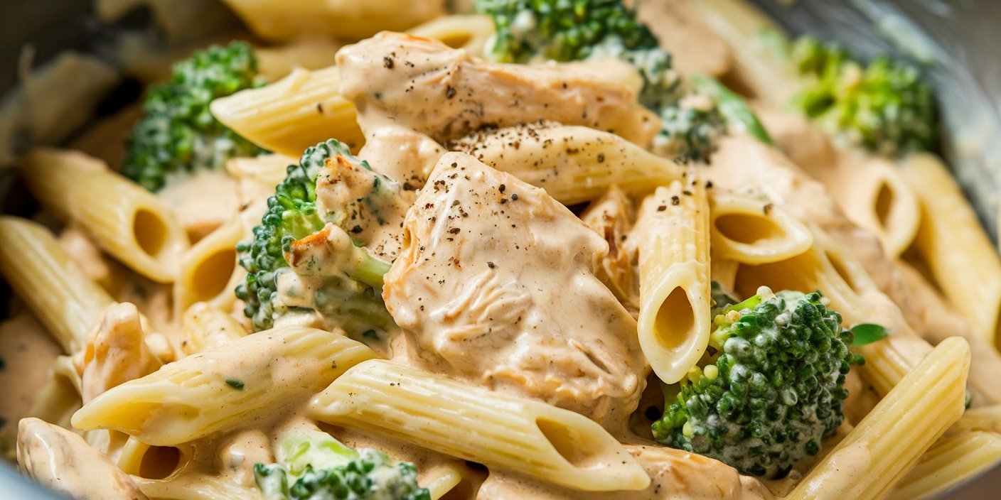 Creamy chicken and broccoli pasta tossed in garlic sauce and topped with Parmesan cheese