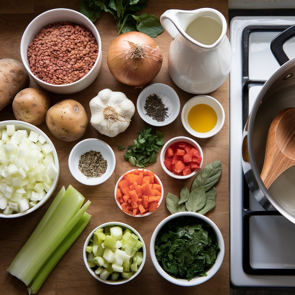 Nutritious lentil and potato soup packed with fiber-rich lentils and hearty potatoes for a filling lunch.