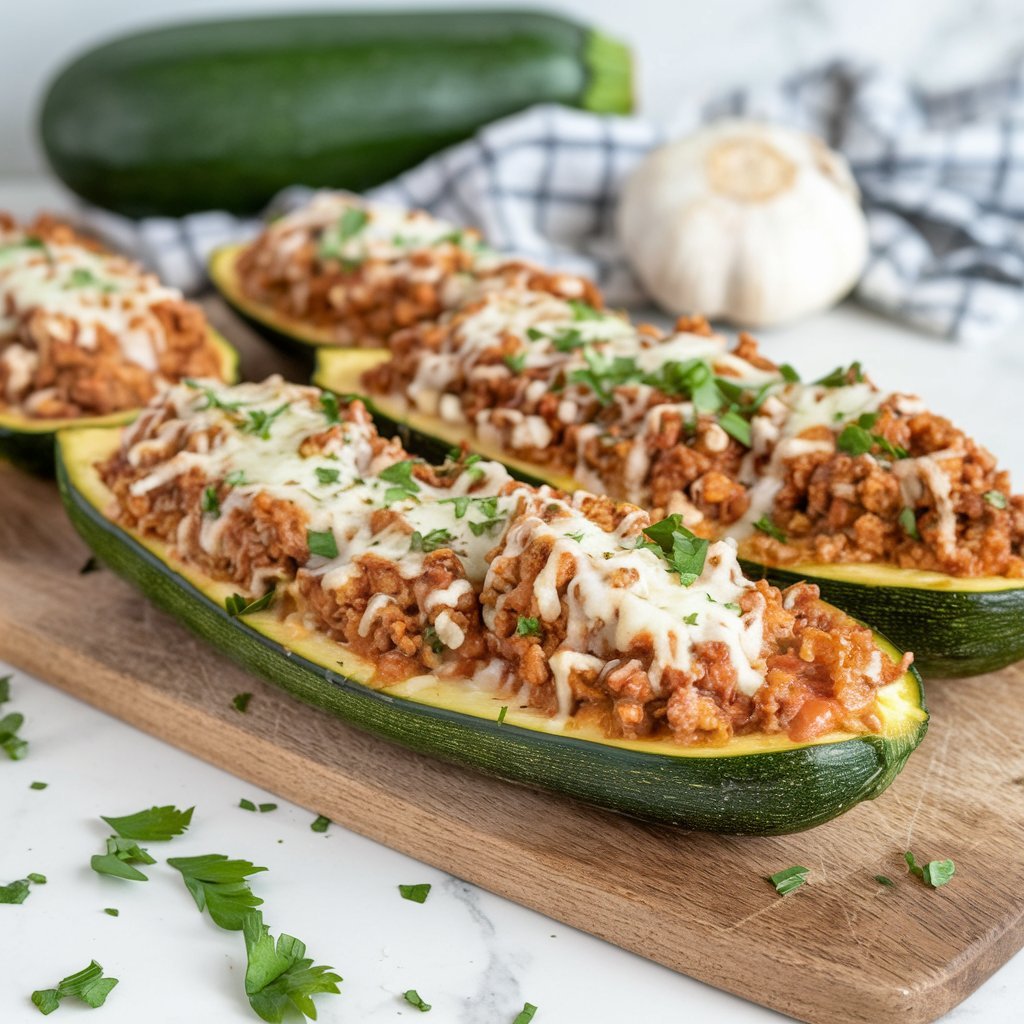 Colorful zucchini recipes showcasing stuffed zucchini boats filled with quinoa, vegetables, and a sprinkle of cheese.