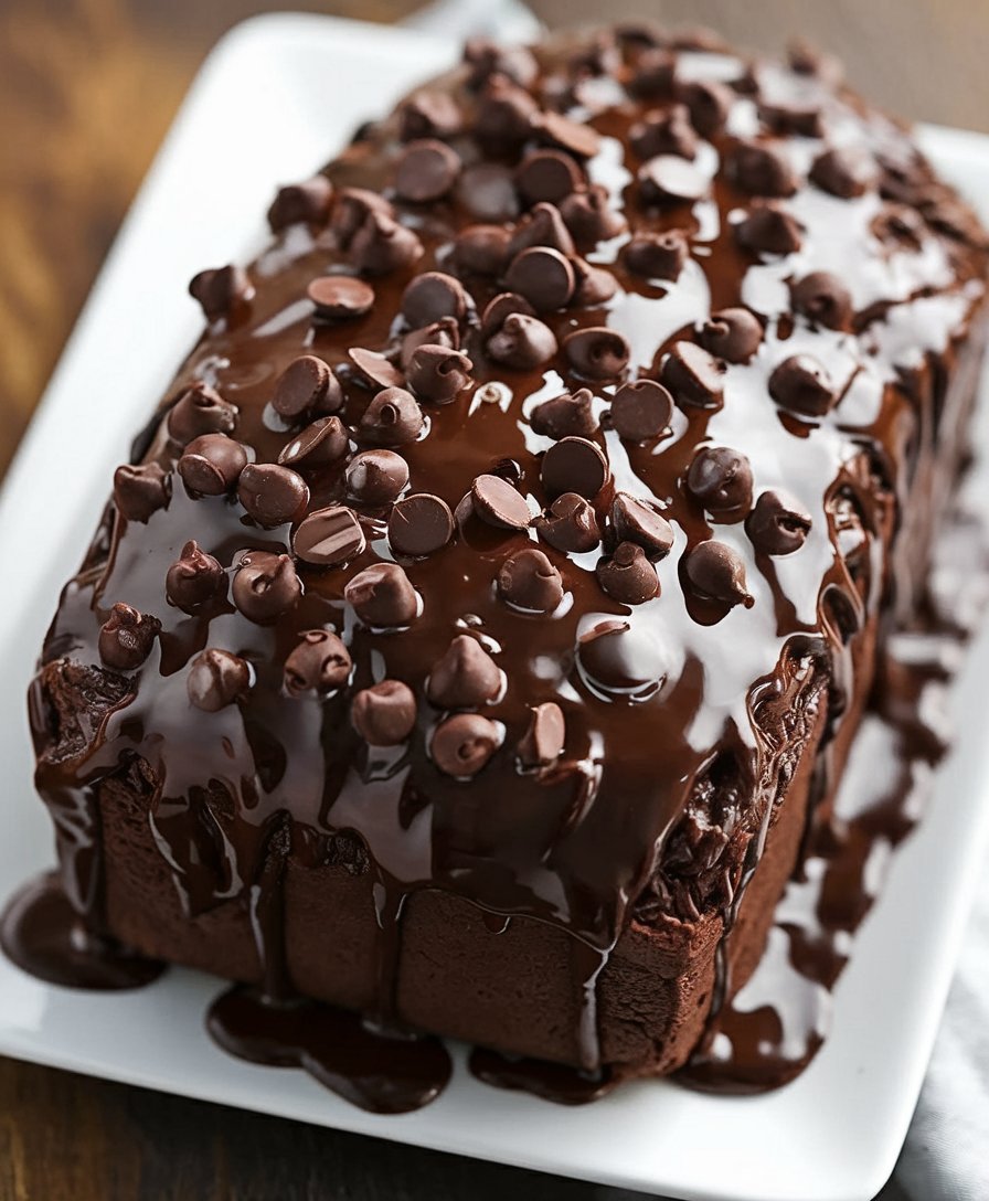 Delicious hot fudge brownie bread with a crisp exterior and gooey, chocolate-laden interior, drizzled with extra hot fudge