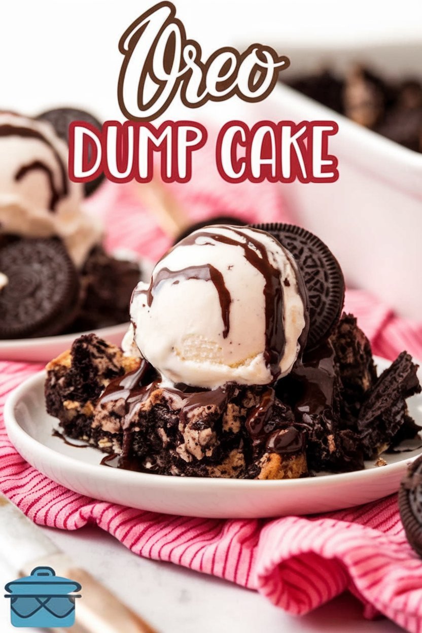 Decadent Oreo Dump Cake with a soft, chocolatey texture and a topping of perfectly crushed Oreos