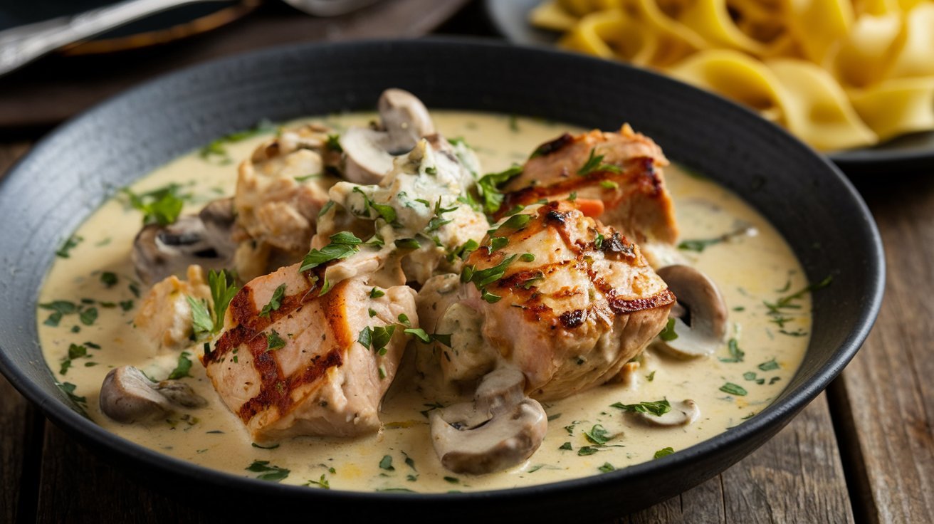 Hearty Chicken Mushroom Stroganoff with tender chicken, sautéed mushrooms, and a rich, creamy sauce.