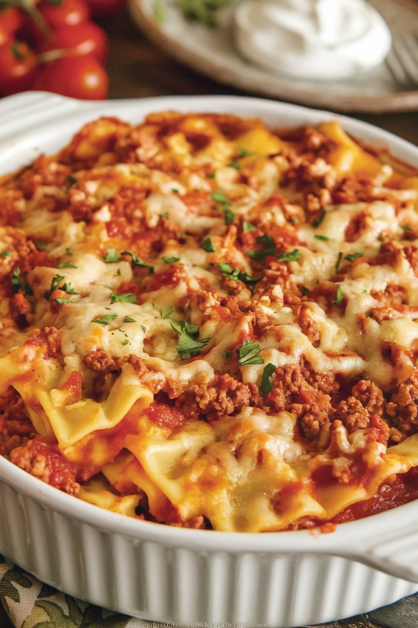 Close-up of Beef Lombardi Casserole showcasing layers of melted cheese, succulent beef, and al dente pasta