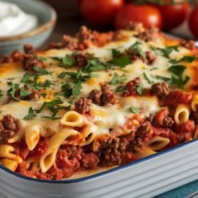 Hearty Beef Lombardi Casserole with tender beef, pasta, and a rich tomato sauce baked to perfection.