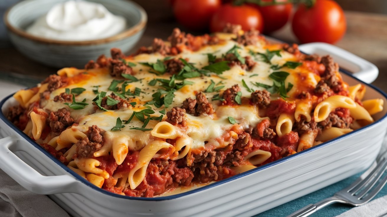 Hearty Beef Lombardi Casserole with tender beef, pasta, and a rich tomato sauce baked to perfection.