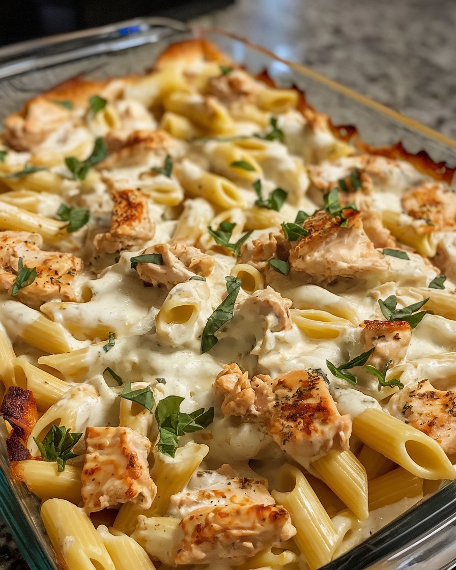 Close-up of chicken mozzarella pasta showcasing al dente noodles, juicy chicken pieces, and gooey melted mozzarella