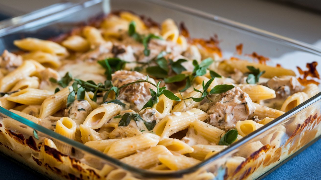 Chicken mozzarella pasta in a deep dish, showcasing layers of tender chicken, mozzarella, and a rich, flavorful sauce.