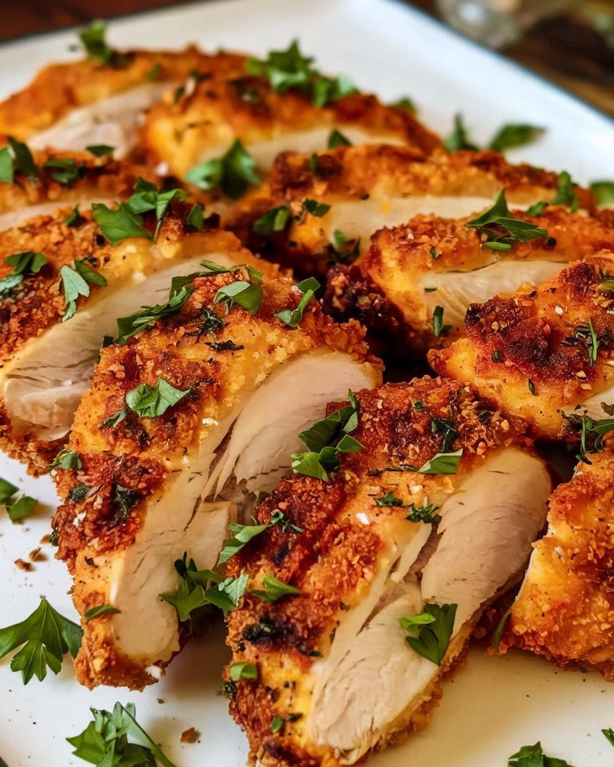 Close-up of Garlic Parmesan Crusted Chicken Recipe showcasing a crunchy, cheese-coated crust and tender, juicy chicken underneath