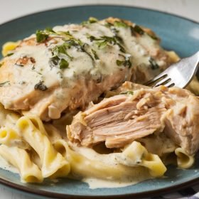 Hearty Crockpot Angel Chicken Recipe with tender chicken, simmered in a creamy, savory sauce