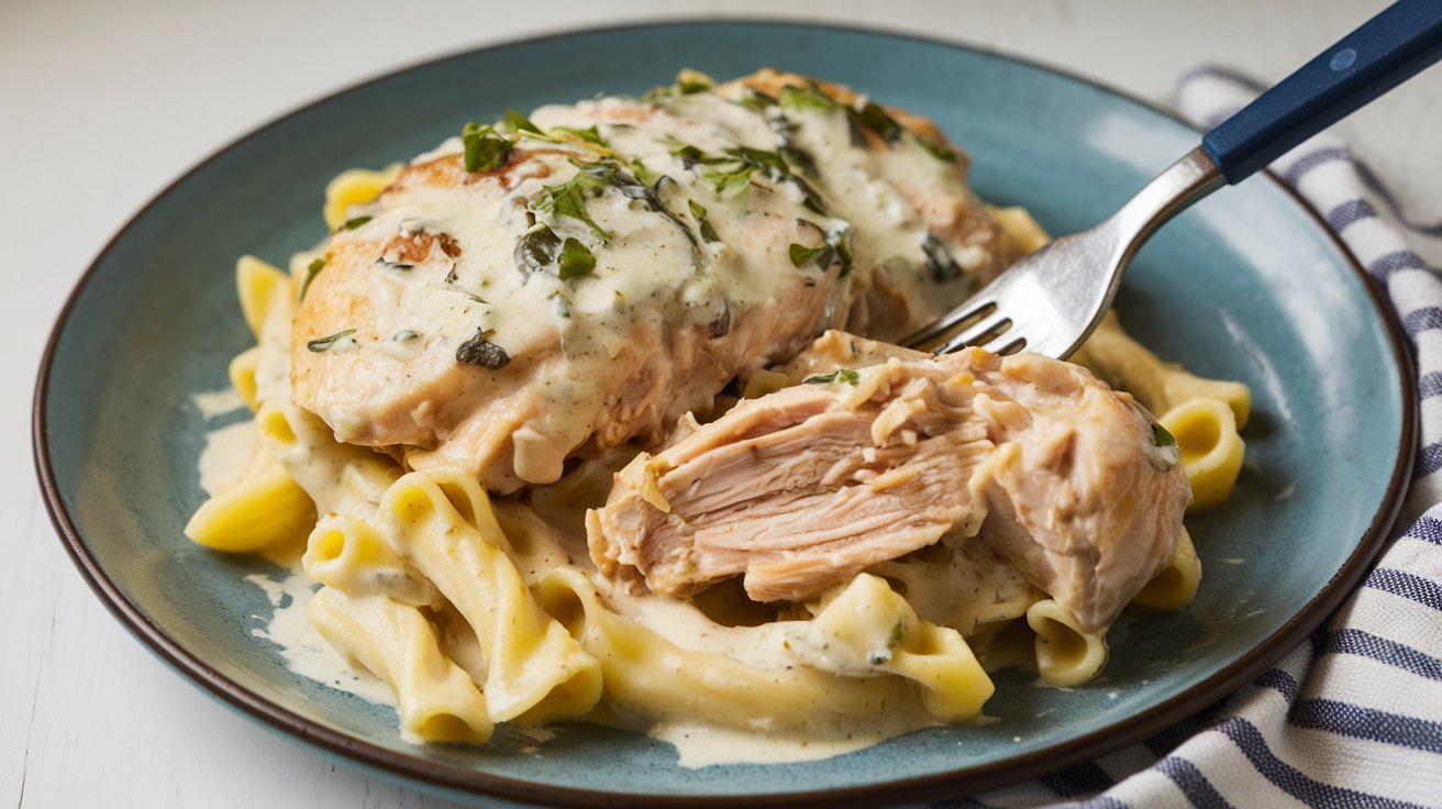 Hearty Crockpot Angel Chicken Recipe with tender chicken, simmered in a creamy, savory sauce