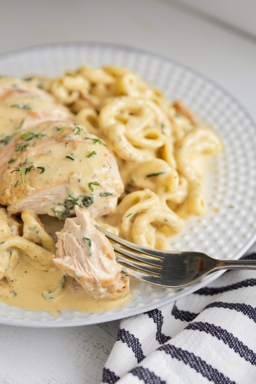 Close-up of Crockpot Angel Chicken Recipe showcasing succulent chicken pieces and a rich, velvety broth