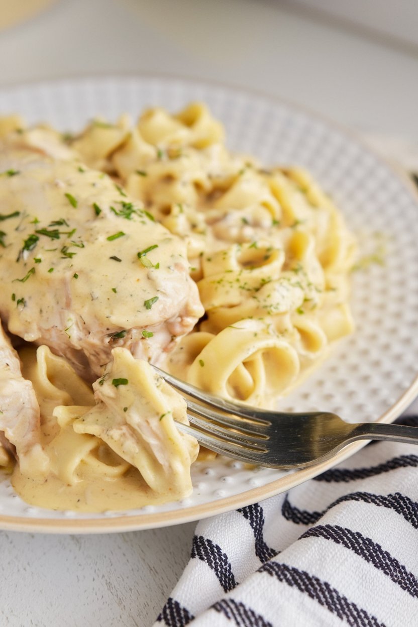 Delicious Crockpot Angel Chicken Recipe served in a rustic bowl, garnished with fresh herbs and a drizzle of cream