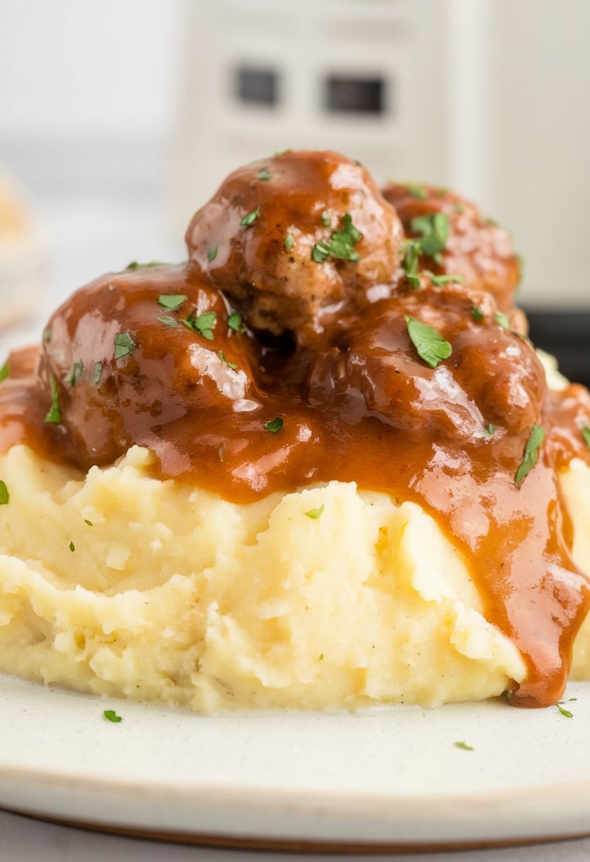 Homemade crockpot Salisbury Steak Meatballs served in a deep bowl with a sprinkle of fresh parsley.