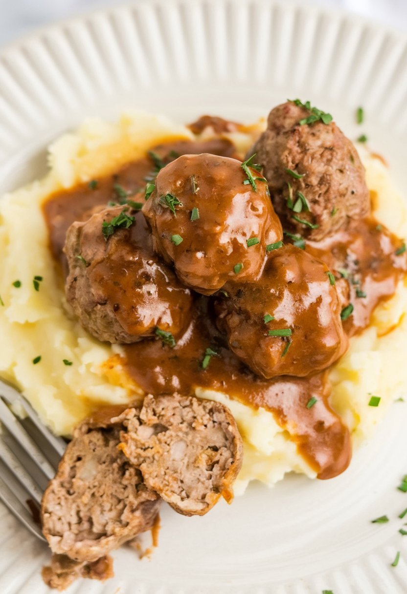 Close-up of crockpot Salisbury Steak Meatballs showcasing tender meatballs bathed in a flavorful, dark sauce.