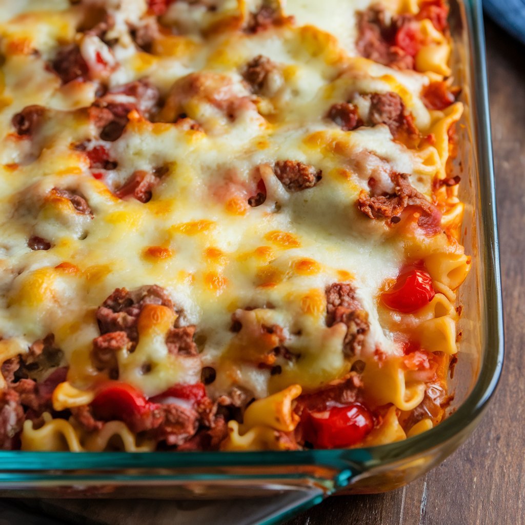 Homemade Beef Lombardi Casserole featuring slow-cooked beef, savory spices, and a hearty tomato base