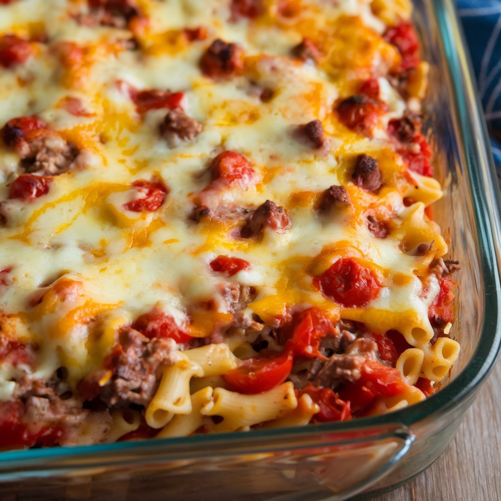 Rustic Beef Lombardi Casserole with a bubbling cheesy topping and tender beef pieces mixed with pasta.
