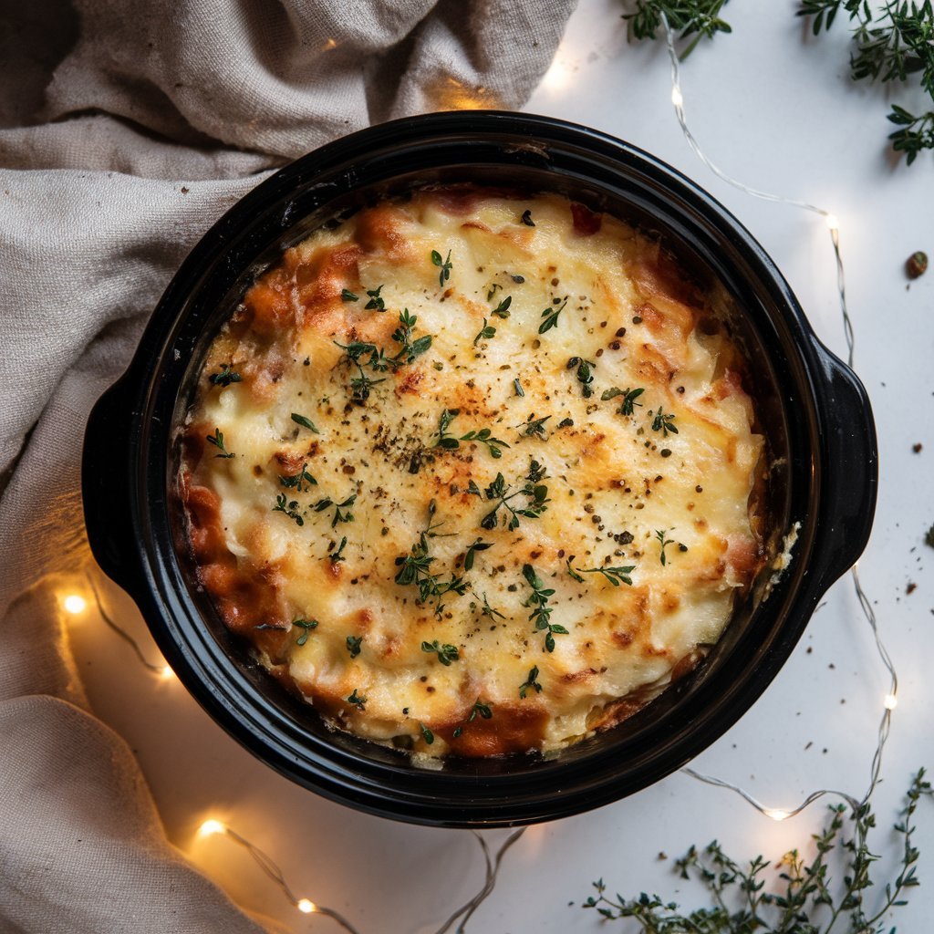 Rustic wooden table setup displaying a selection from 24 Easy Crockpot Dinner Ideas for 2025, perfect for family-style dining.
