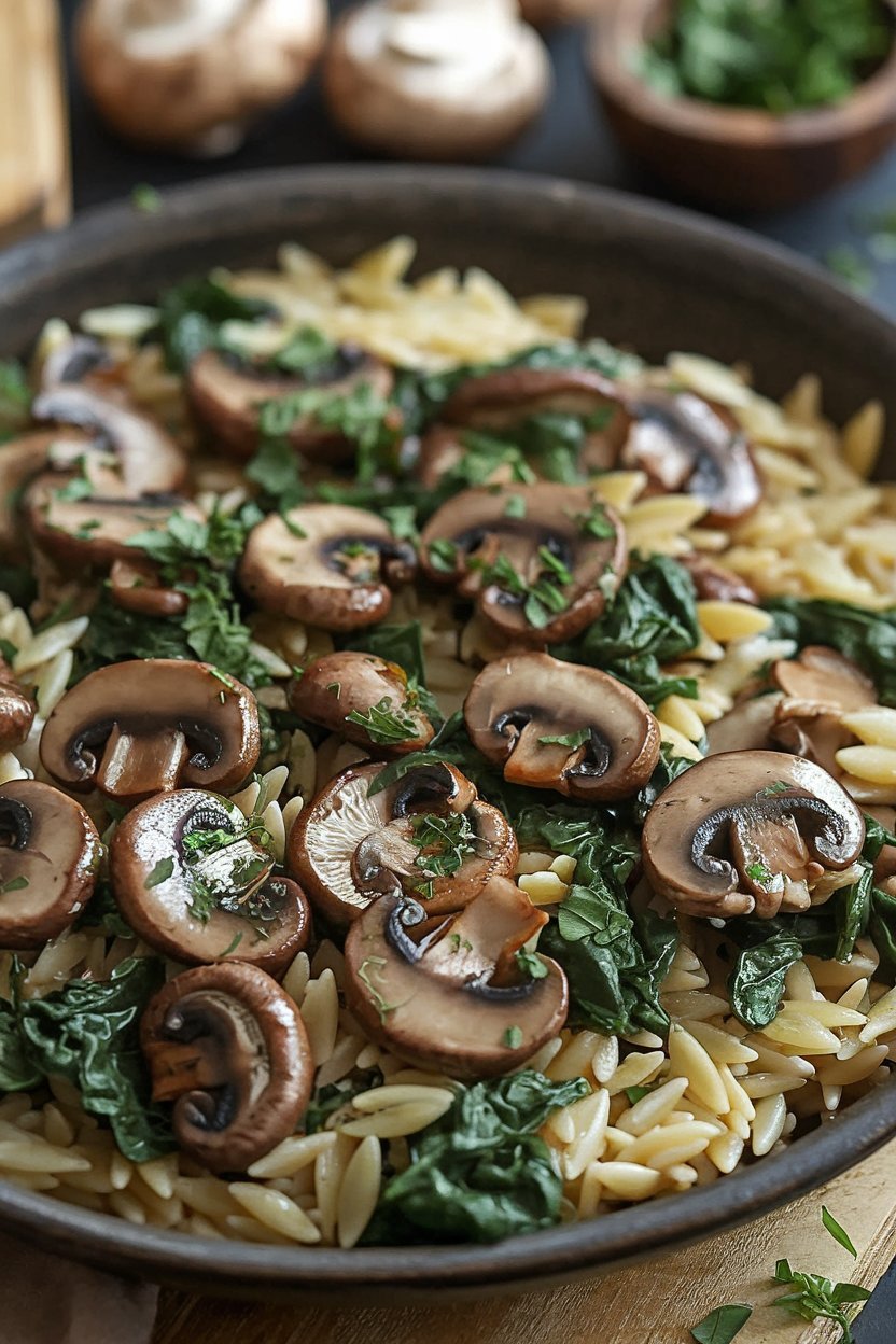 Homemade spinach mushroom orzo served in a rustic bowl and garnished with grated Parmesan cheese.