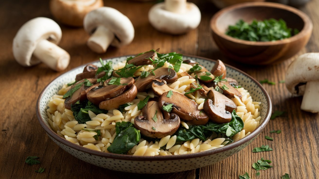 Delicious spinach mushroom orzo with tender mushrooms and fresh spinach tossed in a light garlic cream sauce