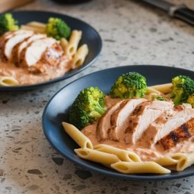 Delicious Tuscan Chicken with Creamy Broccoli Alfredo Penne served in a bowl with tender chicken, crisp broccoli, and perfectly cooked penne in a rich Alfredo sauce