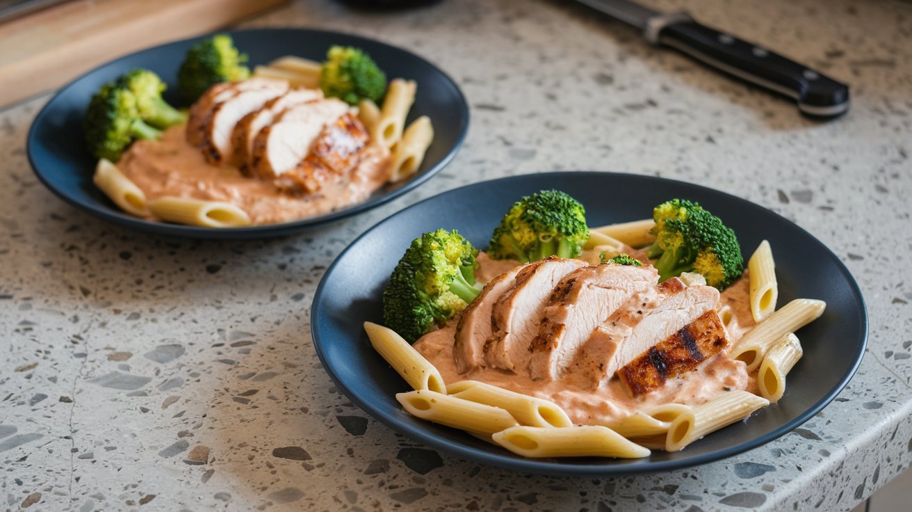Delicious Tuscan Chicken with Creamy Broccoli Alfredo Penne served in a bowl with tender chicken, crisp broccoli, and perfectly cooked penne in a rich Alfredo sauce