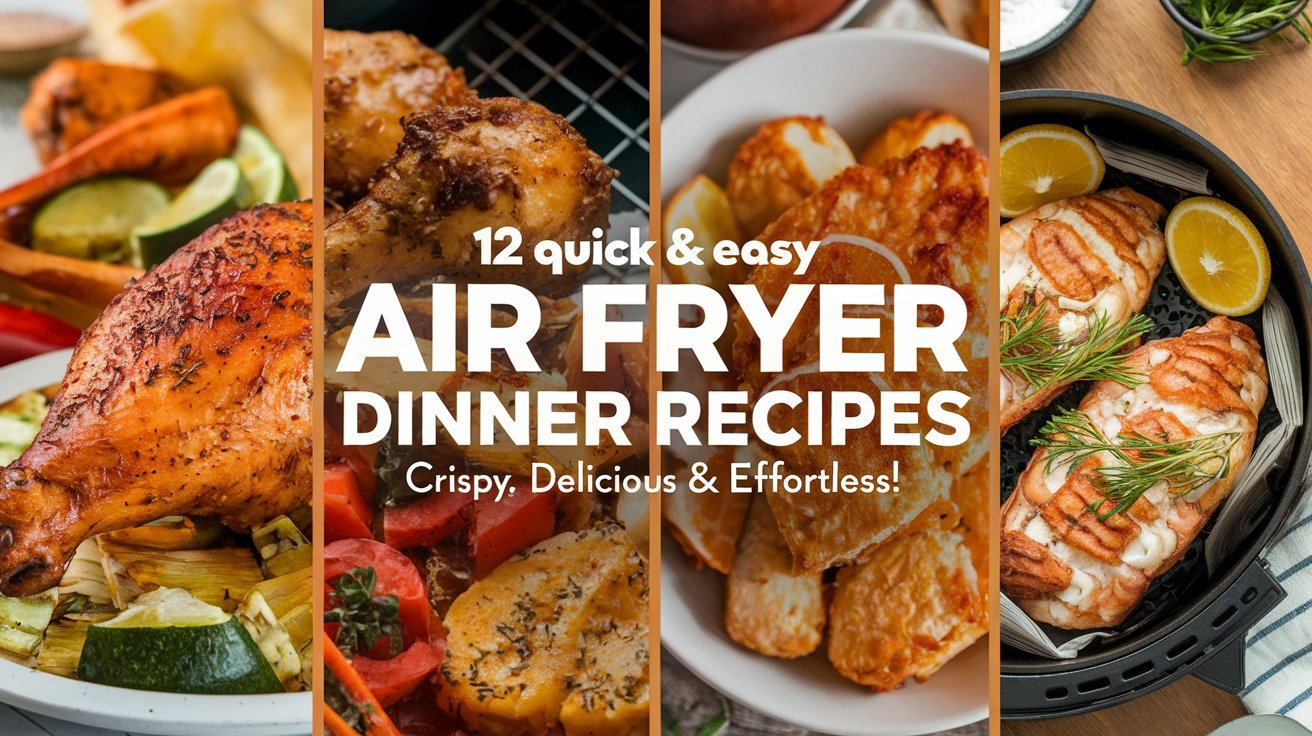 Vibrant display of 12 Quick And Easy Air Fryer Dinner Recipes featuring crispy chicken, roasted vegetables, and golden fries.