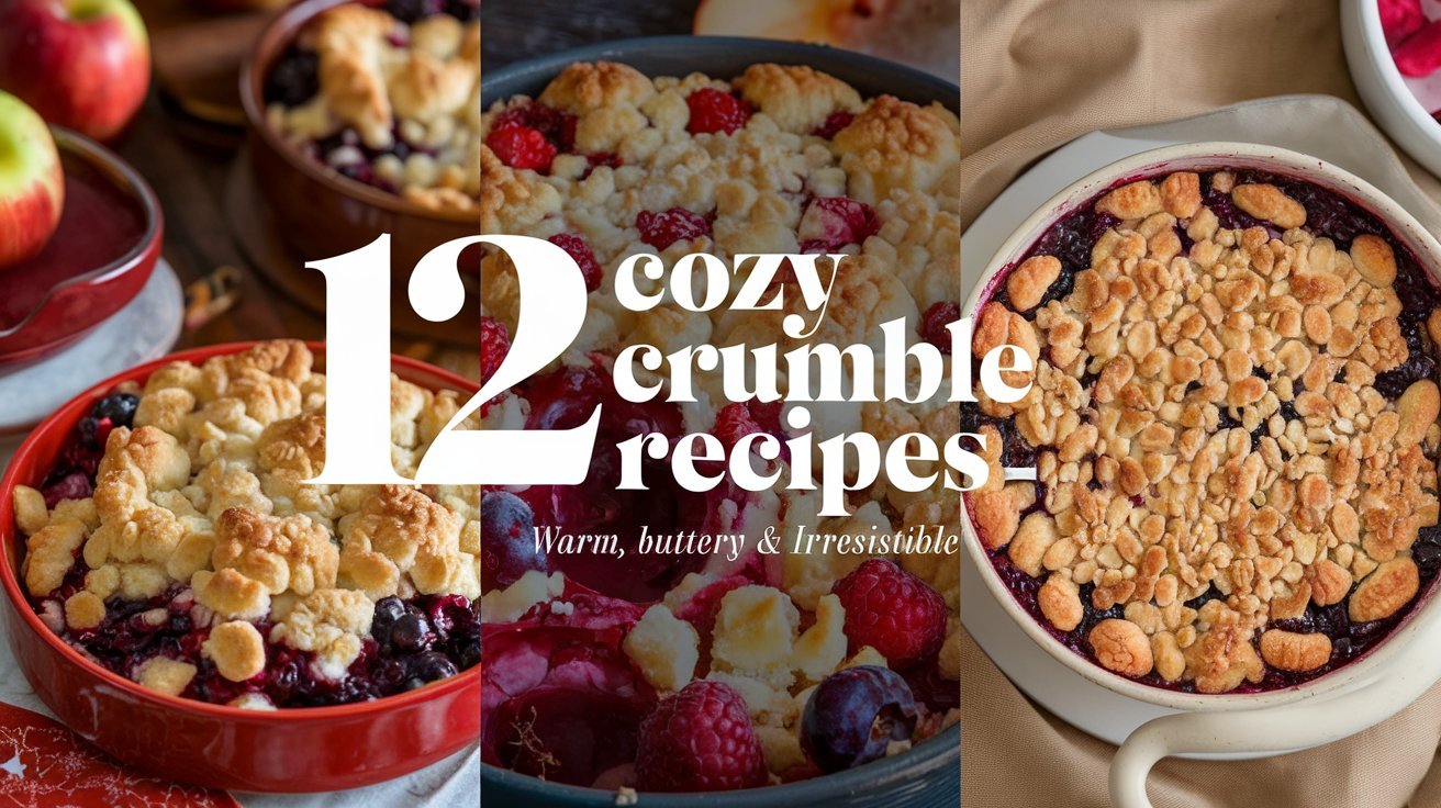Close-up of crumble recipes showcasing vibrant mixed berries under a crunchy, cinnamon-infused streusel topping