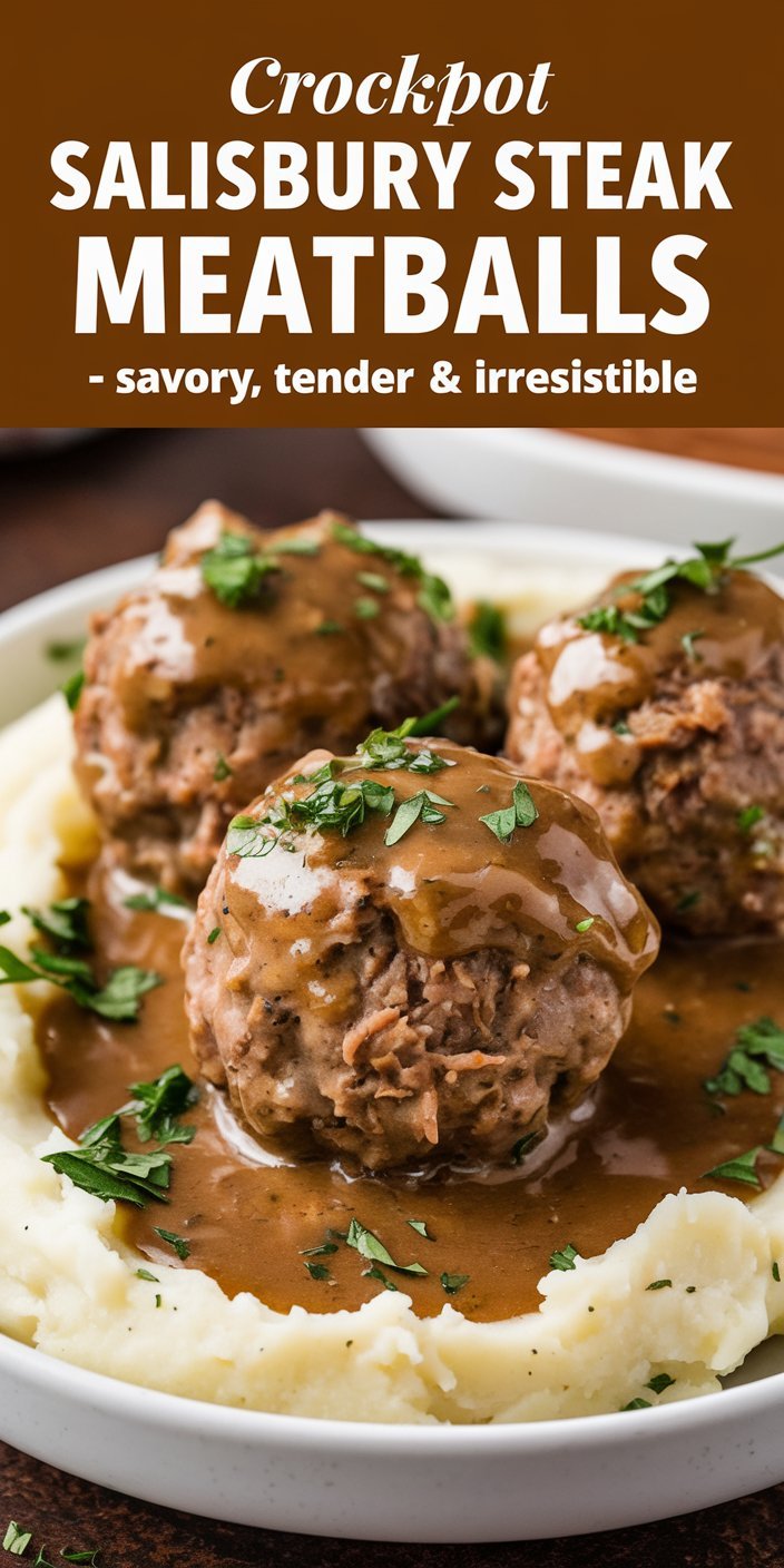 Rustic crockpot Salisbury Steak Meatballs with juicy meatballs and a savory gravy, ideal for family meals.