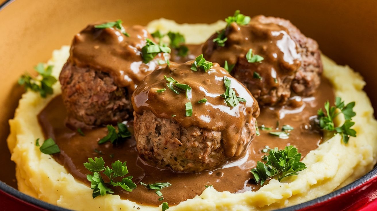 Comforting crockpot Salisbury Steak Meatballs paired with creamy mashed potatoes and steamed vegetables