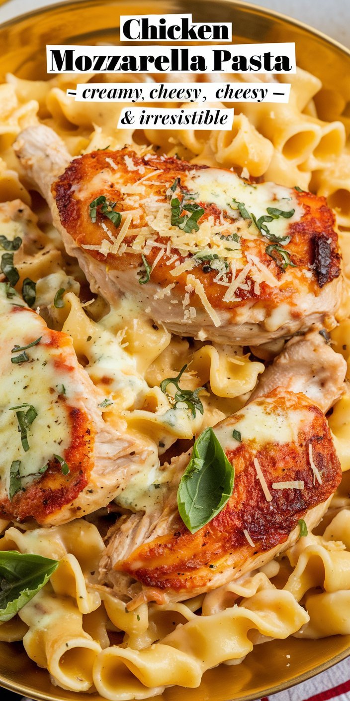 Mouthwatering chicken mozzarella pasta served hot with a blend of aromatic tomatoes, basil, and melted cheese.