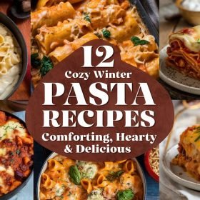 Delicious Winter Pasta Recipes featuring hearty noodles tossed with roasted winter vegetables and a creamy sauce.
