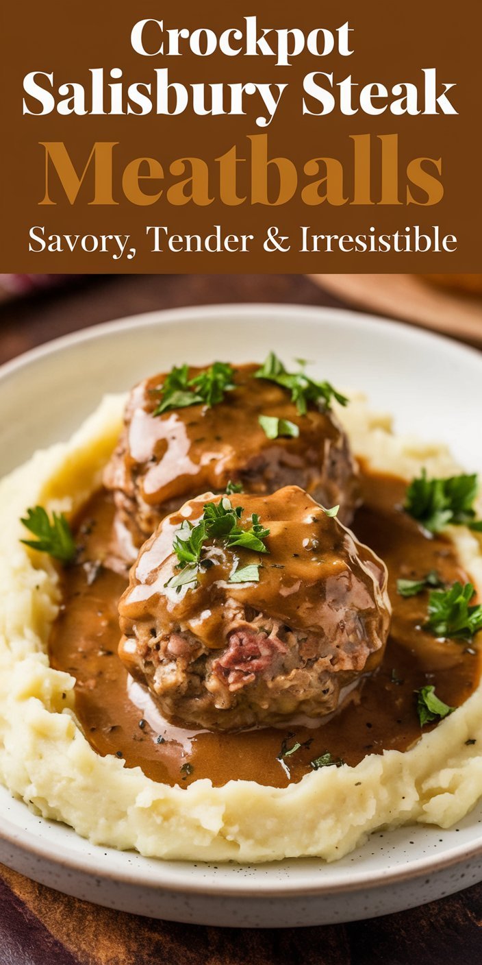 Hearty crockpot Salisbury Steak Meatballs slow-cooked to perfection in a robust, tomato-based gravy